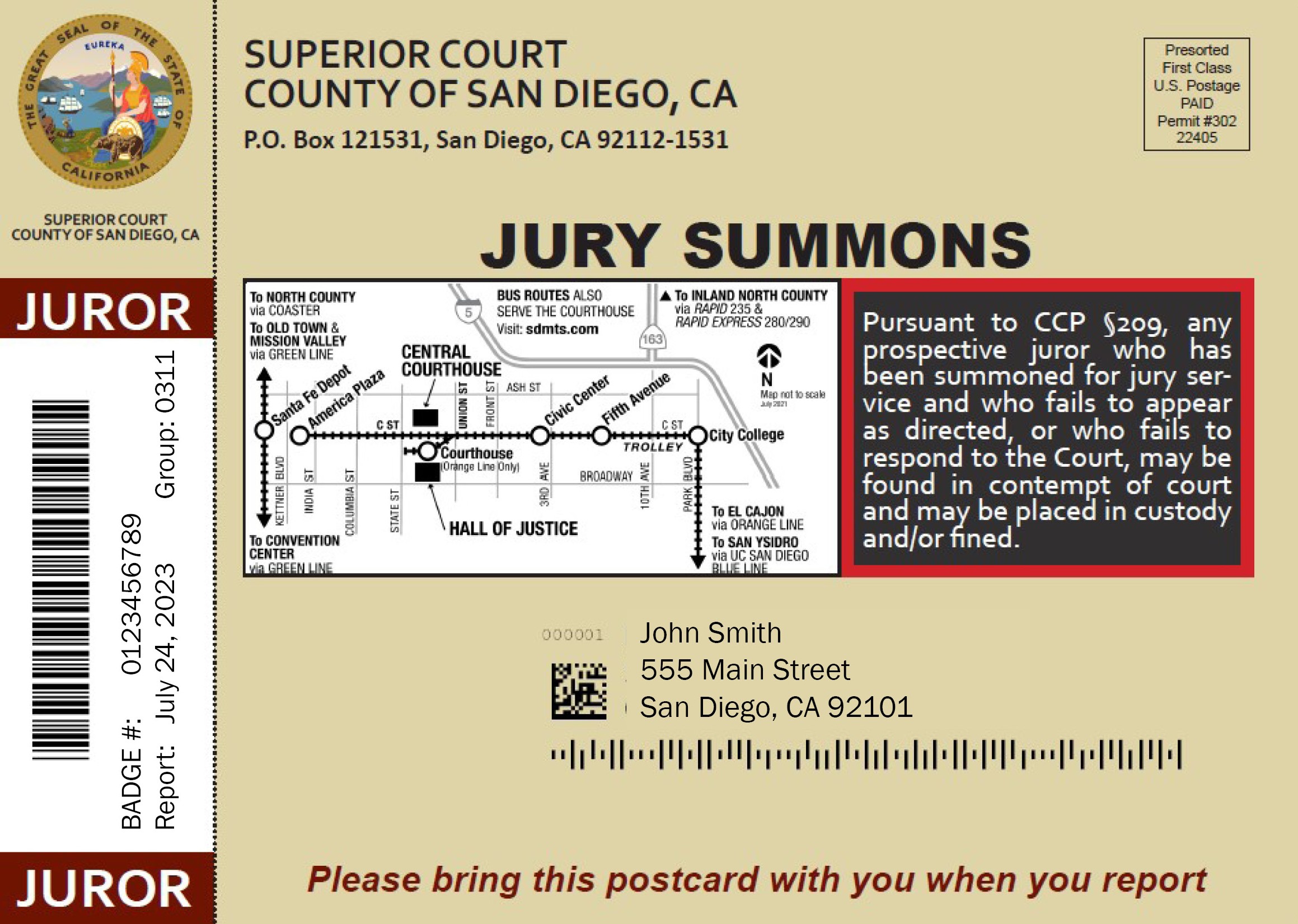 San Diego Superior Court Announces a New Look for its Jury Summons